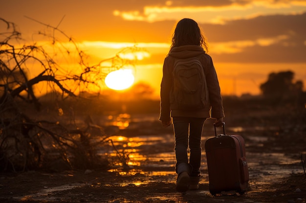 Viaje imaginativo silueta de niño en maleta contra el sol poniente