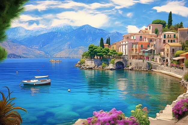 Un viaje impresionista pintoresco pueblo costero en el Mediterráneo