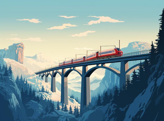 Foto viaje invernal en tren por un largo puente en un paisaje nevado