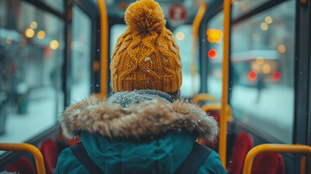 Viaje de invierno en transporte público persona con ropa cálida contemplando la ciudad nevada