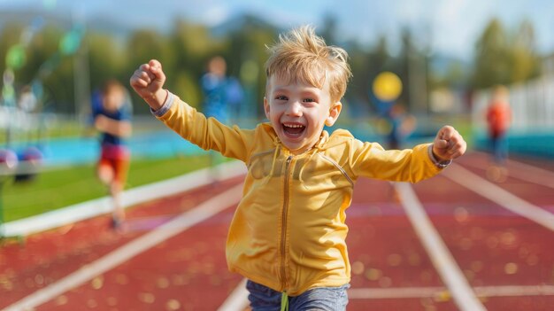 Viaje del joven corredor Niño lleno de alegría y energía Corre a través de la pista atlética Abrazando la aptitud deportiva y la búsqueda de logros en el entrenamiento del estadio