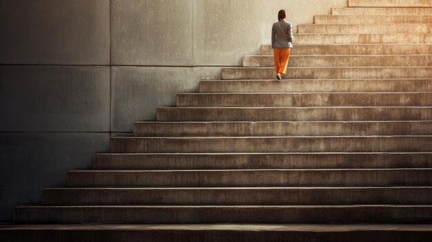 viaje de una joven empresaria subiendo una escalera contra un muro de hormigón