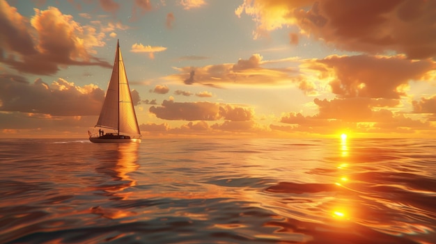 Viaje marítimo dorado Un impresionante velero navega en un mar tranquilo bañado en el cálido resplandor del sol poniente con el cielo pintado en tonos de naranja y nubes que reflejan los últimos rayos del sol
