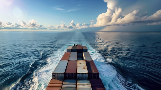 Viaje oceánico de un barco de carga un gran barco de carga en un océano tranquilo navegando bajo un clima parcialmente nublado