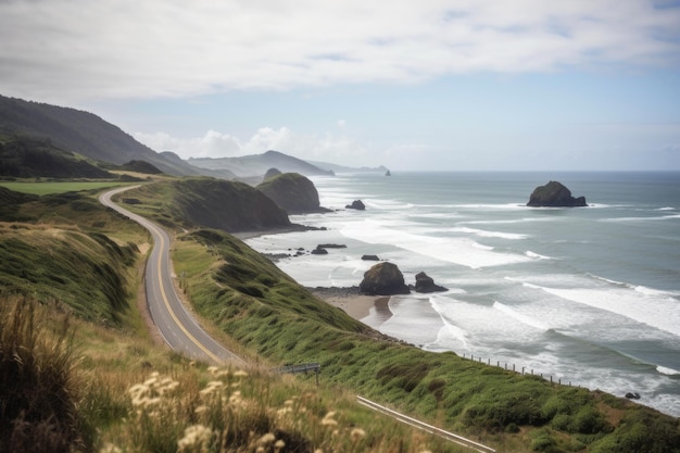 Viaje panorámico por carretera por la costa con olas y vistas panorámicas creadas con IA generativa