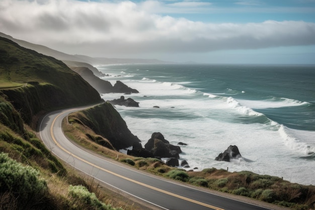 Viaje panorámico por carretera por la costa con olas y vistas panorámicas creadas con IA generativa