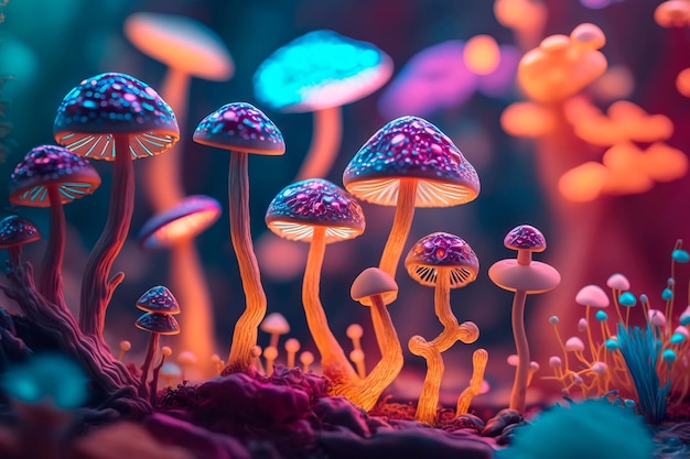 Viaje para um país mágico com cogumelos coloridos e cristaisGenerative AI