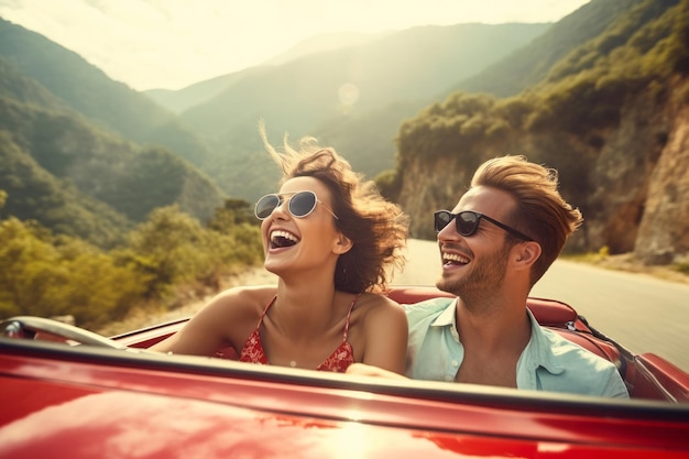 Viaje persona carretera verano coche vehículo de viaje sonriente pareja de amor vacaciones