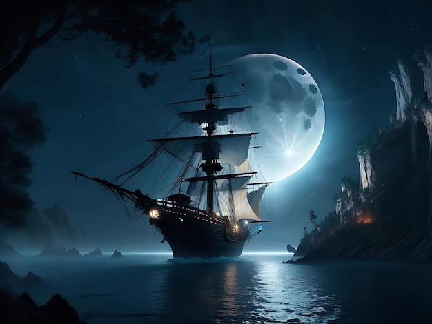 Viaje pirata iluminado por la luna generado por ai