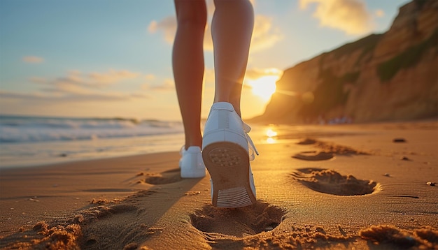 Viaje a la playa Mujer caminando con zapatillas blancas en la playa de arena dejando huellas en la arena
