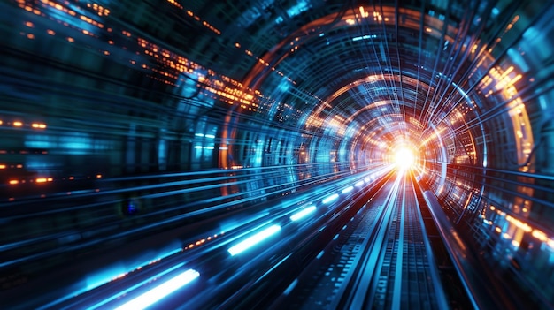 Viaje de red digital futurista a través de un túnel de ciencia ficción con velocidades de luz pulsantes