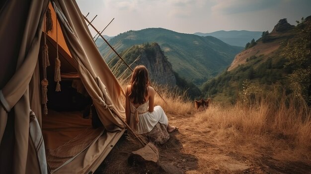 Viaje de regreso, vea a la joven viajar a través de las montañas, tiendas de campaña glamping, cascadas de naturaleza salvaje Generado por IA