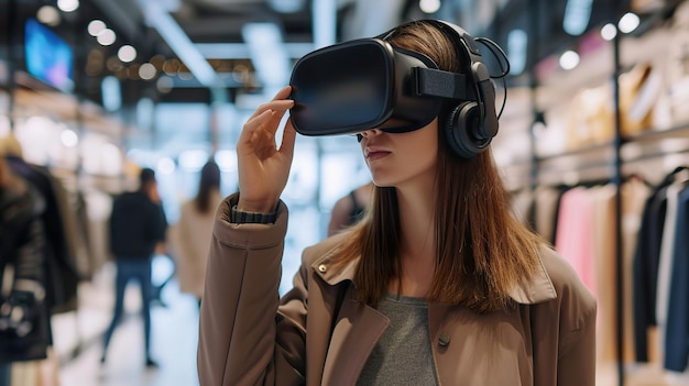 Viaje sostenible al Metaverso Mujer compradora en auriculares de realidad virtual