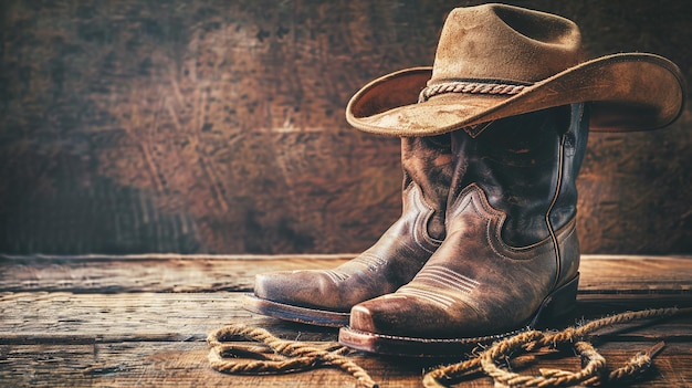 un viaje en el tiempo al salvaje oeste con sombrero de vaquero de estilo vintage y botas de cuero