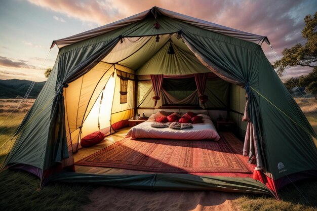 Viaje de tienda de campamento al aire libre descanso relajante montar una tienda en el bosque