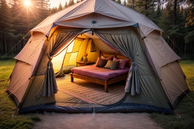 Viaje de tienda de campamento al aire libre descanso relajante montar una tienda en el bosque