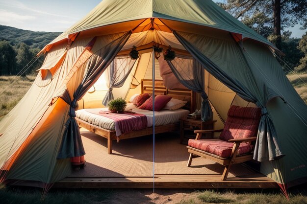 Viaje de tienda de campamento al aire libre descanso relajante montar una tienda en el bosque