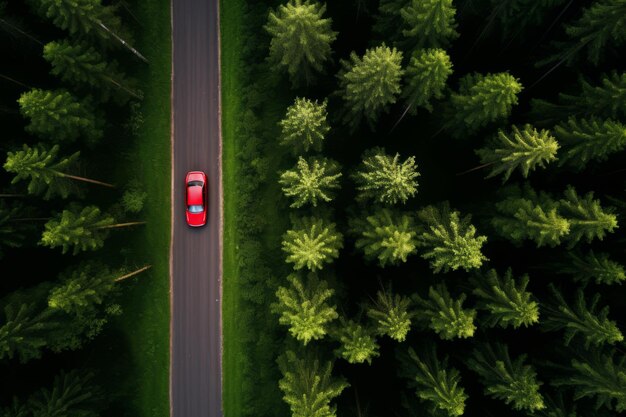 Viaje a través del bosque con un coche rojo