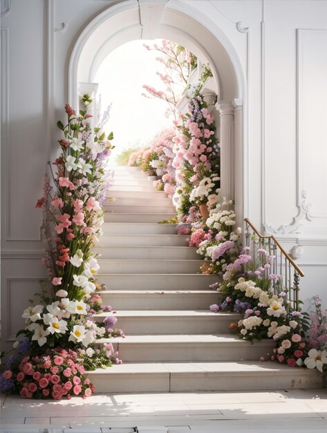 Viaje a través de flores encantadas escaleras cubiertas de flores de fantasía