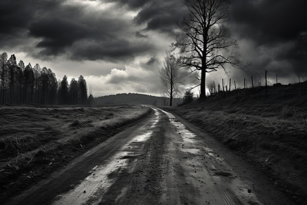 Viaje a través del tiempo Una foto en escala de gris de un camino de tierra sereno