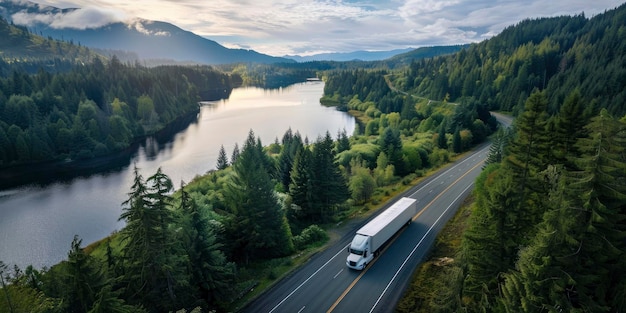 Viaje a través de la tierra Gran camión blanco que transporta carga comercial en remolque refrigerado viaja por la carretera cerca del lago rodeado de exuberante vegetación