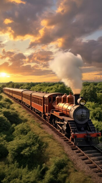 Viaje en tren de una locomotora de vapor antigua por el campo al atardecer