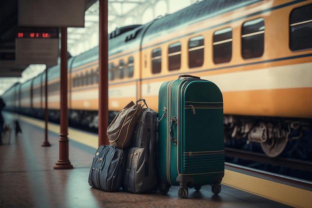 Viaje en tren maletas de viaje equipaje con equipaje en la ilustración de la estación de tren IA generativa