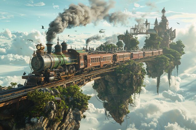 Viaje en tren steampunk a través de un paisaje de flo