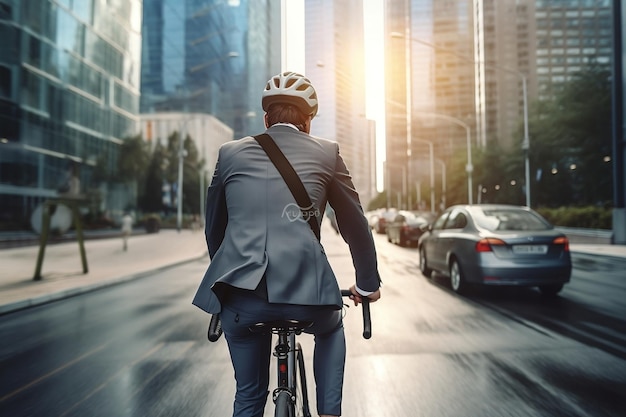 Viaje urbano Empresario con casco en Long Road en la ciudad Ai generativo