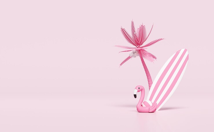 Viaje de verano en 3D con bola de flamenco tabla de surf de palma de coco aislada en fondo rosa pastel concepto de espacio de copia ilustración de renderización en 3D