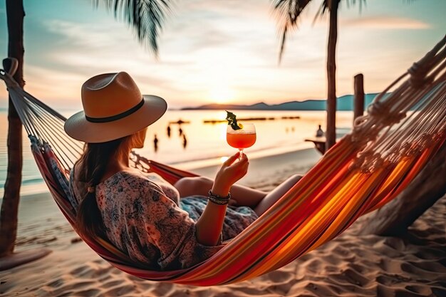 Viaje de verano concepto de vacaciones viajero feliz mujer asiática usando teléfono móvil y relajarse en hamaca en la playa en Koh Chang Trad Tailandia