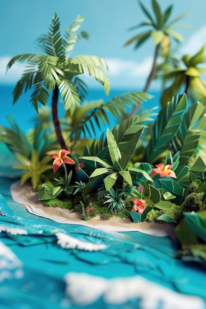 Viaje de verano a una isla tropical modelo de papel 3D de primer plano vegetación exuberante detalle de agua azul clara