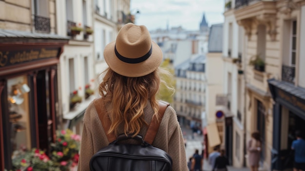 Una viajera admirando el paisaje urbano en París, Francia