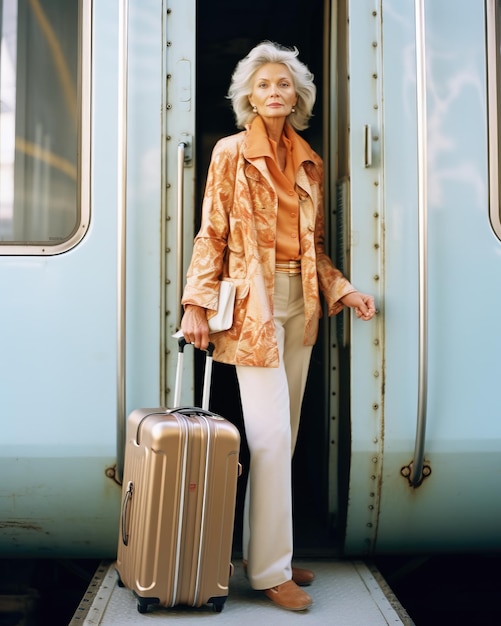 Foto viajera anciana mujer elegante de más de 70 años comienza un viaje en tren de placer