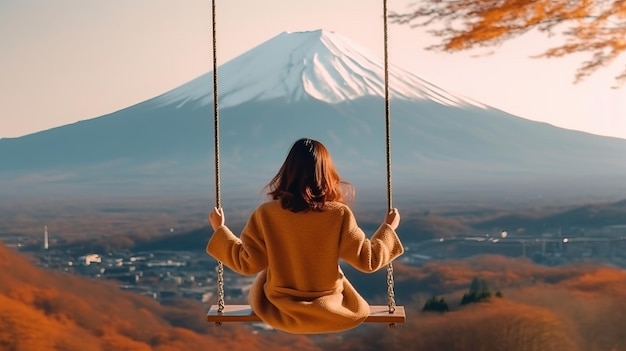 viajera asiática en un columpio contra el fondo del Monte FujiJapón en otoño