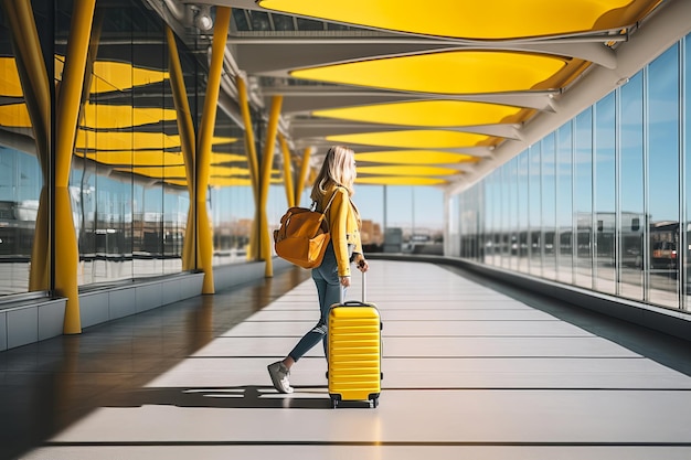Viajera atractiva caminando con una maleta amarilla en la parada de transporte moderna al aire libre
