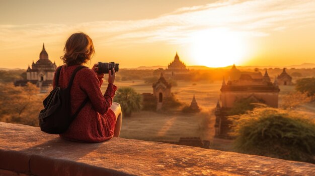 Viajera fotografiando templos en Bagan Myanmar Asia al amanecer