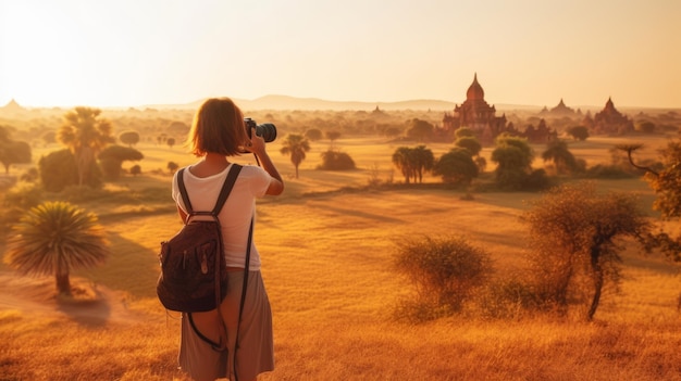 Viajera fotografiando templos en Bagan Myanmar Asia al amanecer