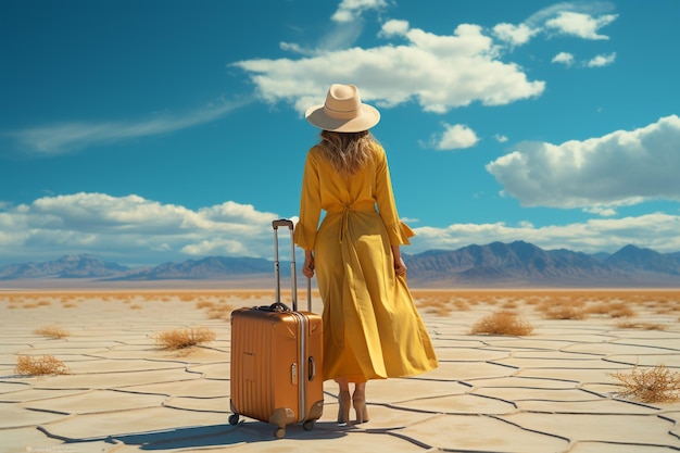 viajera con maleta amarilla