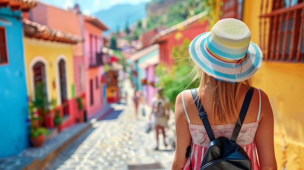 Foto viajera en solitario explorando las calles históricas de la ciudad española de vacaciones en europa