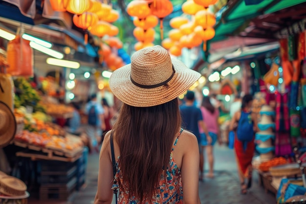 Una viajera con un sombrero de paja caminando por un mercado tradicional al aire libre