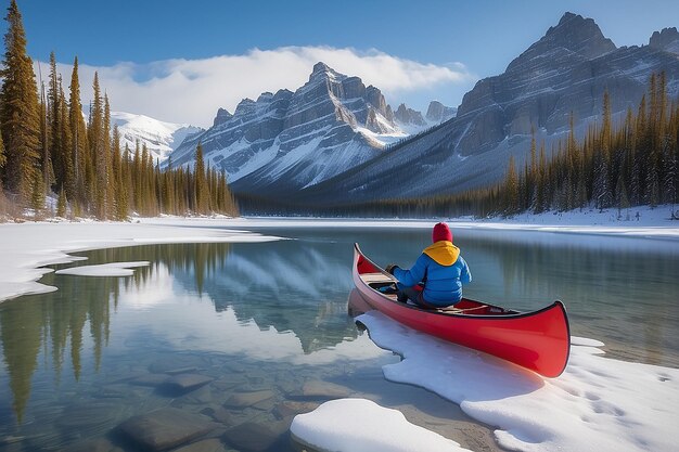 Viajero en abrigo de invierno en canoa en la isla Spirit en el lago Maligne en el parque nacional Jasper