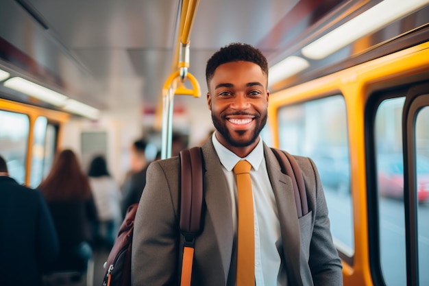 Un viajero africano en un autobús público de la ciudad