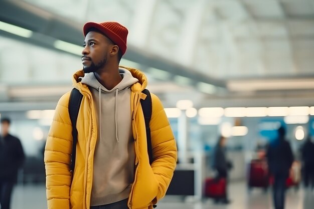 Viajero afroamericano con chaqueta amarilla y sombrero rojo en la sala del aeropuerto la red neuronal generada