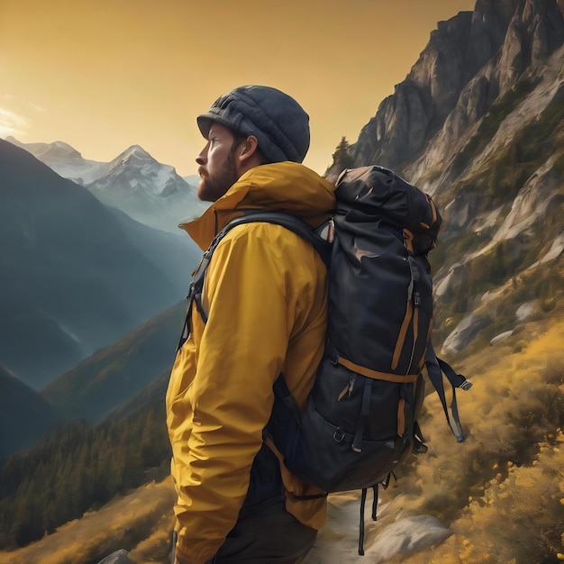 Viajero con alfombra de mochila de montaña y linterna en fondo amarillo