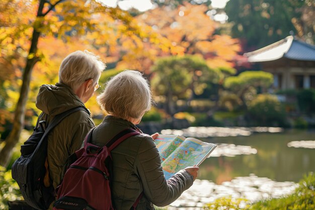 El viajero anciano consulta un mapa planeando el siguiente paso en su viaje el entorno pacífico