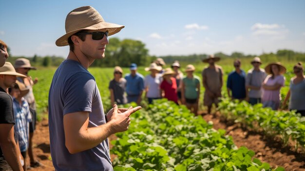 Un viajero aprende sobre la agricultura sostenible en una granja