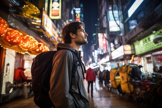 Foto viajero asiático disfrutando y caminando por la calle de la ciudad en la noche