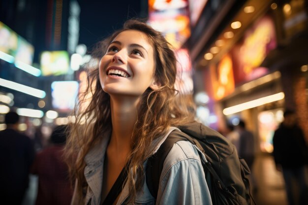 Foto viajero asiático disfrutando y caminando por la calle de la ciudad en la noche