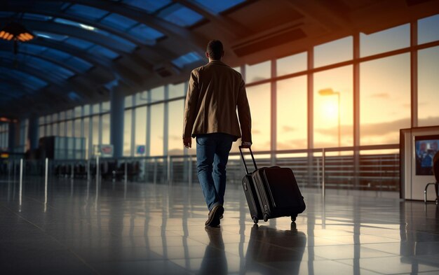 Viajero con bolso y maleta en el aeropuerto